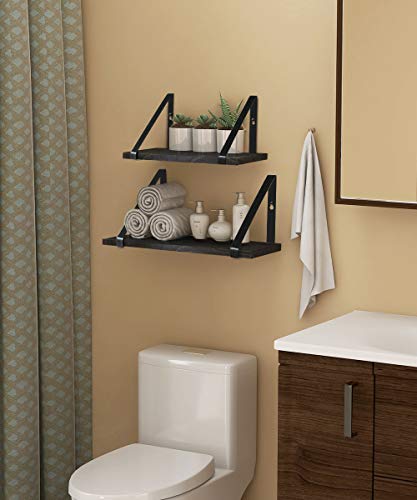 Afuly - Estantería flotante para pared, color negro, con soportes de metal, madera maciza natural, decoración rústica, para cuarto de baño, dormitorio, juego de 2