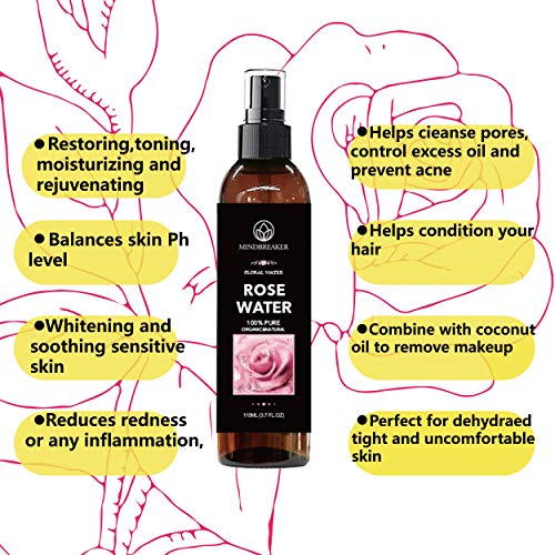 Agua de rosas orgánica: grado terapéutico, puro, búlgaro, sin hexano, sin alcohol: lo mejor para tóner facial, piel, cabello, cuidado del cuerpo, spray de viaje: rociador de niebla fina (110 ml)