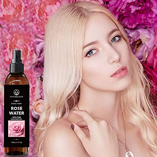 Agua de rosas orgánica: grado terapéutico, puro, búlgaro, sin hexano, sin alcohol: lo mejor para tóner facial, piel, cabello, cuidado del cuerpo, spray de viaje: rociador de niebla fina (110 ml)