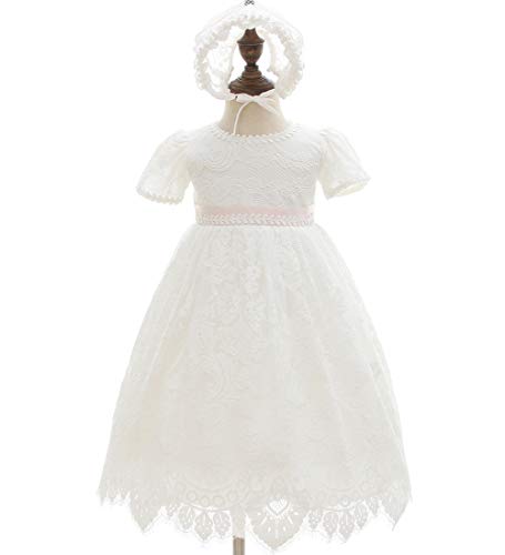 Ahaha - Vestido largo de bautizo para niña, para ocasiones especiales, bautizos, con sombrero y cinta para la frente Blanco 3 0-6 meses