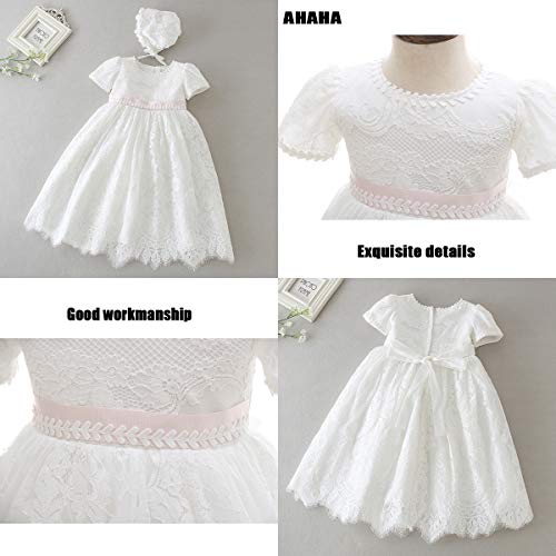 Ahaha - Vestido largo de bautizo para niña, para ocasiones especiales, bautizos, con sombrero y cinta para la frente Blanco 3 0-6 meses