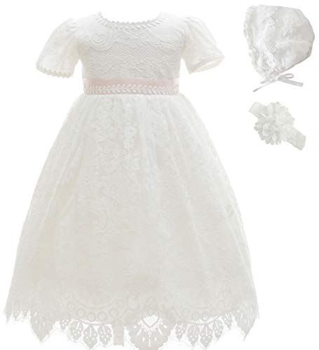 Ahaha - Vestido largo de bautizo para niña, para ocasiones especiales, bautizos, con sombrero y cinta para la frente Blanco 3 0-6 meses