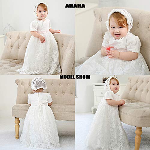 Ahaha - Vestido largo de bautizo para niña, para ocasiones especiales, bautizos, con sombrero y cinta para la frente Blanco 3 0-6 meses