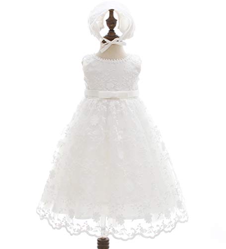 Ahaha - Vestido largo de bautizo para niña, para ocasiones especiales, bautizos, con sombrero y cinta para la frente Blanco 4 20-26 meses