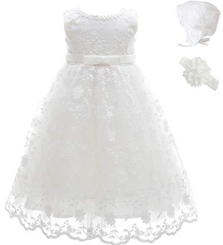 Ahaha - Vestido largo de bautizo para niña, para ocasiones especiales, bautizos, con sombrero y cinta para la frente Blanco 4 20-26 meses