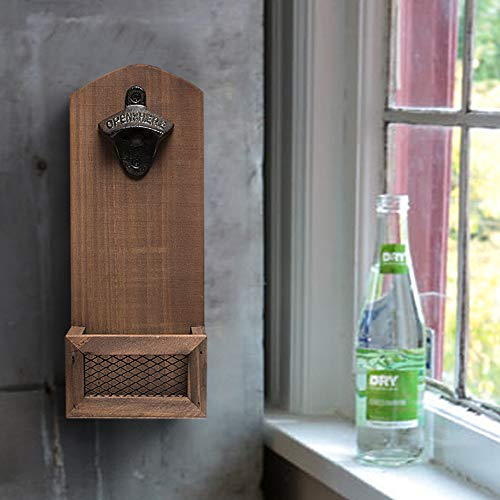 AHDECOR Abrebotellas de Pared, Abridor de Botellas de Madera con Estilo Retro, abrelatas Colgante y Tenedor de la Tapa,12 x 7 x 30 cm