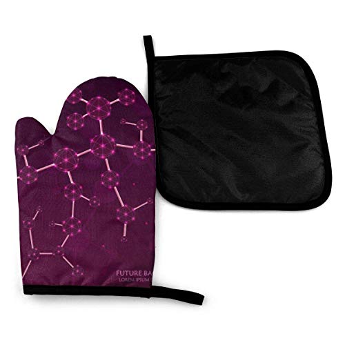 Ahdyr Juego de Manoplas y agarraderas para Horno Molecules - Guantes de Horno Resistentes al Calor para Proteger Las Manos y Superficies con Agarre Antideslizante, Lazo para Colgar, Ideal para manipu