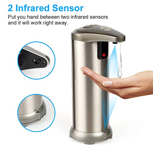 AHUIFT Dispensador Automático de Jabón con Acero Inoxidable, Sensor de Movimiento por Infrarrojos, Base Impermeable, Interruptor Ajustable, Baño Apropiado, Cocinas, Hotel, Restaurante