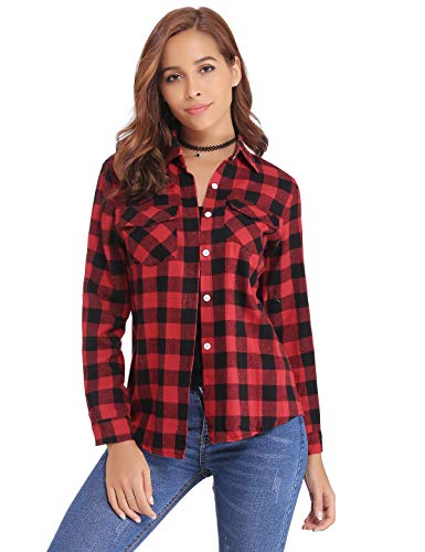 Aibrou Camisa de Cuadros para Mujer,Algodón Blusas Franela de Manga Larga Casual Clásica con Botones,Camisas a Cuadras para Primavera Otoño Invierno