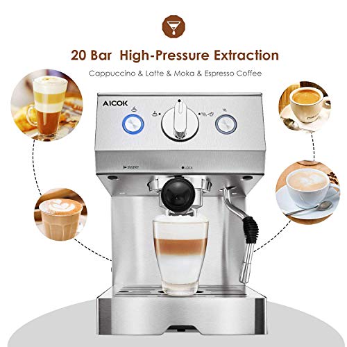 AICOK Cafetera Espresso, 1140W, Depósito extraíble de 1,5 l, 20 Bares, Doble opción de preparación de café: Sistema tradicional de café molido, Boquilla de Espuma de Leche Profesional