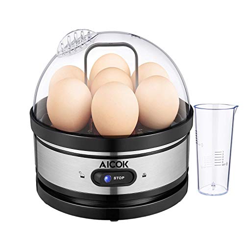 Aicok Cocedor de Huevos, Hervidor de Huevos Eléctrico con Capacidad para 1-7 Huevos Moderno, Cuece Huevos de Acero Inoxidable, Mantenimiento de Temperatura y Apagado Automático