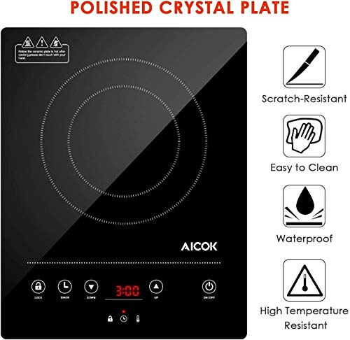 AICOK Placa de Inducción Portátil Full Crystal con 2000 W, 10 niveles de Potencia, Temporizador de 3 horas y Bloqueo de Seguridad, Control Táctil, Delgado de 5 cm y Programable