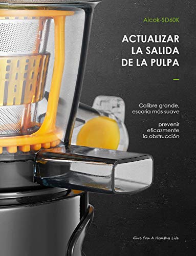 Aicok Slow Juicer - Exprimidor de frutas y verduras con 75 mm de ancho boca, motor silencioso, limpieza con un botón de función, vertical y compacto, sin BPA, taza de zumo/cepillo