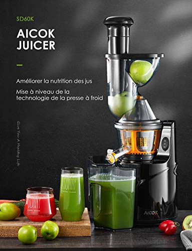Aicok Slow Juicer - Exprimidor de frutas y verduras con 75 mm de ancho boca, motor silencioso, limpieza con un botón de función, vertical y compacto, sin BPA, taza de zumo/cepillo