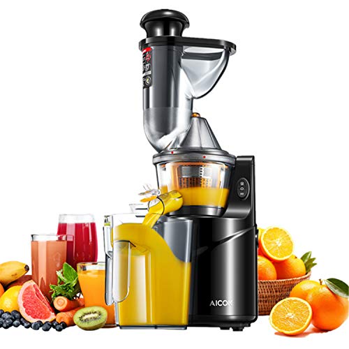 Aicok Slow Juicer - Exprimidor de frutas y verduras con 75 mm de ancho boca, motor silencioso, limpieza con un botón de función, vertical y compacto, sin BPA, taza de zumo/cepillo