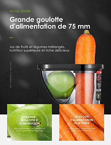 Aicok Slow Juicer - Exprimidor de frutas y verduras con 75 mm de ancho boca, motor silencioso, limpieza con un botón de función, vertical y compacto, sin BPA, taza de zumo/cepillo