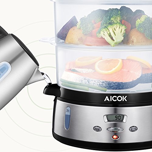 AICOK Vaporera Eléctrica 800 W, 9 Litros Vaporera con Pantalla LCD, Temporizador Hasta 90 Minutos con parada automática, 3 Recipientes Independientes, Libre de BPA, Plata