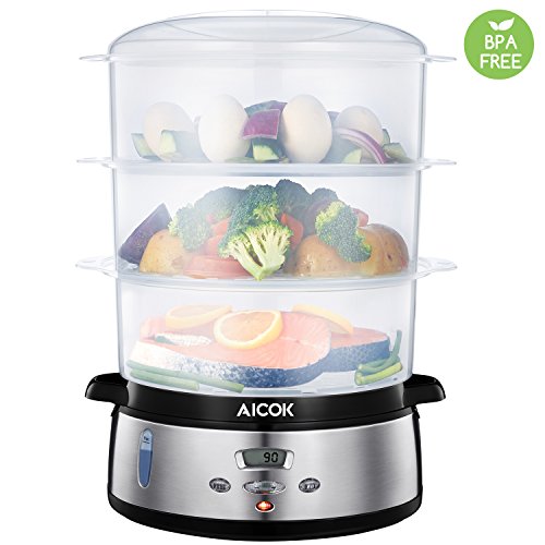 AICOK Vaporera Eléctrica 800 W, 9 Litros Vaporera con Pantalla LCD, Temporizador Hasta 90 Minutos con parada automática, 3 Recipientes Independientes, Libre de BPA, Plata