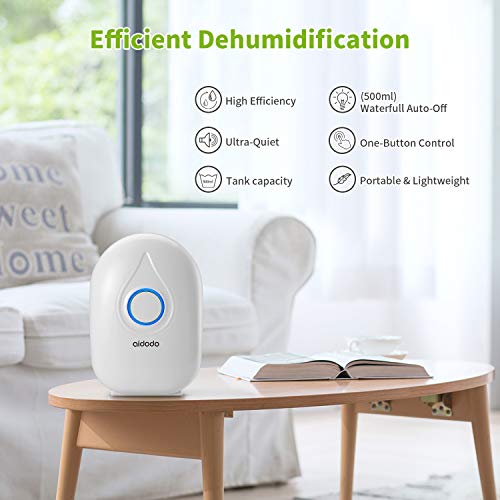 Aidodo Deshumidificador electrico Portátil 500ml Mini silencioso Deshumidificadores de Aire Compacto Inteligente Perfecto para Hogar Salón Habitación Oficina Blanco