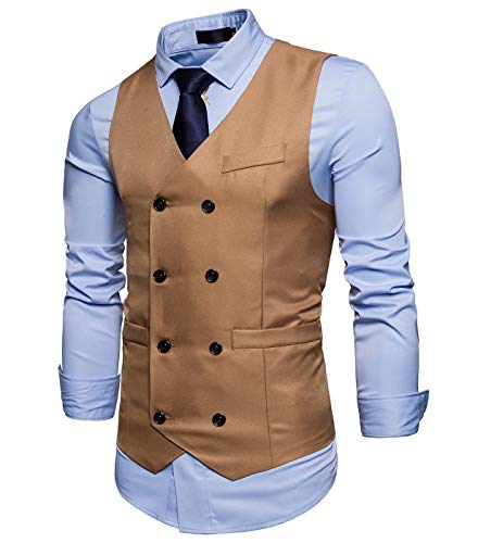 AIEOE - Traje Hombre sin Mangas Chaleco Blazers de Estilo Negocio para Boda Fiesta Chaqueta Elegante de Doble Botonadura para Hombres - Caqui-ES 48-52