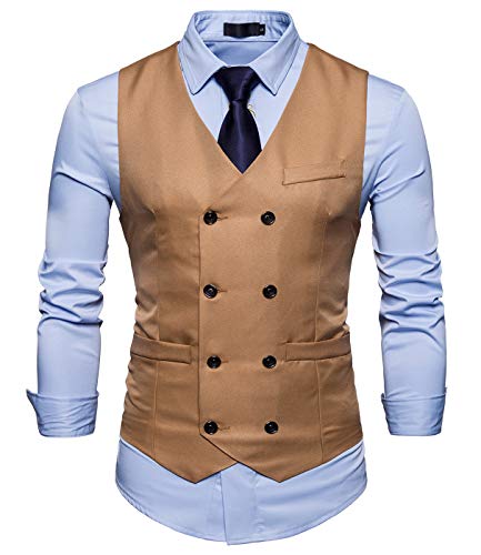 AIEOE - Traje Hombre sin Mangas Chaleco Blazers de Estilo Negocio para Boda Fiesta Chaqueta Elegante de Doble Botonadura para Hombres - Caqui-ES 48-52