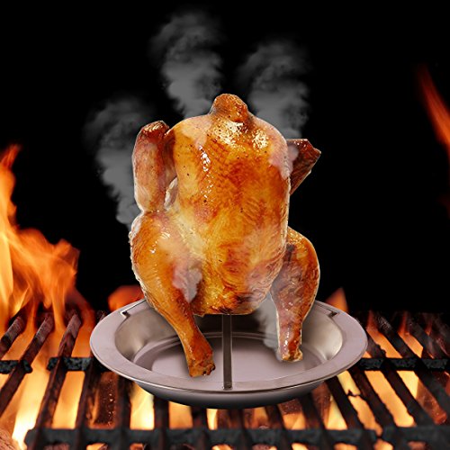 Aieve Soporte para gallinas, Posavasos de Acero Inoxidable para Pollo, para Barbacoa, Soporte para Asar, Soporte para Pollo con Bandeja de Goteo para Uso en Horno, Barbacoa (Plata)