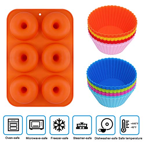 AIFUDA - Juego de 24 moldes de silicona para magdalenas y rosquillas antiadherentes, resistente al calor para hornear moldes para pasteles, magdalenas, galletas, bagels