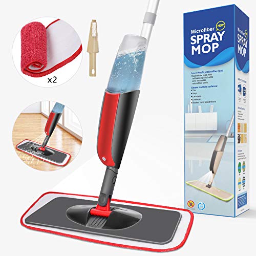 Aiglam Spray Mop, Mopa con pulverizador Limpiador de Ventanas y Escoba Barredora de Empuje Manual con Almohadilla de Microfibra Reutilizable para Suelos laminados, alicatados y de Madera (Rojo)