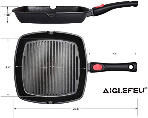 AIGLEFEU - Sartén cuadrada de 28 cm para inducción, cocinas eléctricas y de gas con mango desmontable a presión | Sartén de aluminio fundido antiadherente sin PFOA