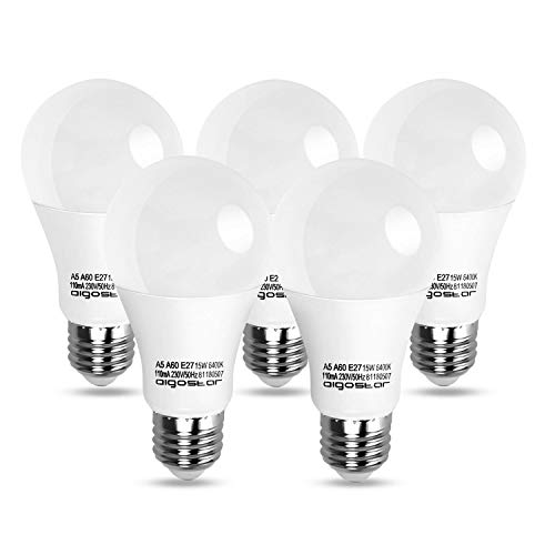 Aigostar - 15 W Bombilla LED A60, Casquillo gordo E27, Luz Blanca Fría 6400K, 1200 lúmenes, no regulable - Pack de 5