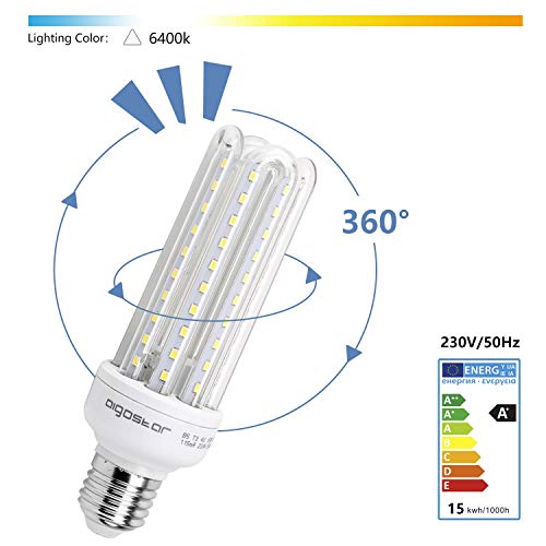 Aigostar - 15W Bombilla LED B5 T3 4U, Lámpara E27, Luz Blanca Fría 6400K, Ángulo 360°, 1200 lúmenes, no regulable - Caja de 5 unidades