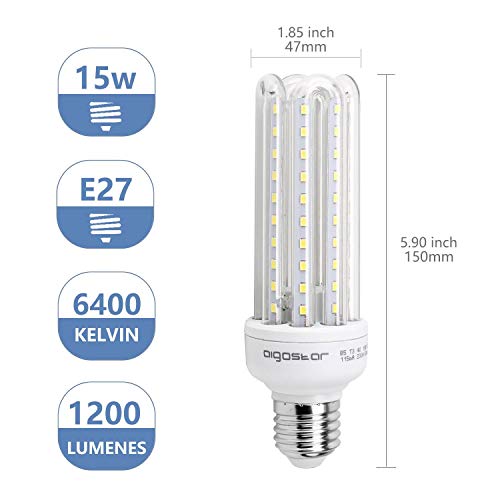 Aigostar - 15W Bombilla LED B5 T3 4U, Lámpara E27, Luz Blanca Fría 6400K, Ángulo 360°, 1200 lúmenes, no regulable - Caja de 5 unidades