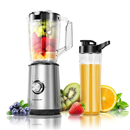 Aigostar Baron - Batidora de vaso, Licuadora Portatil 350W para Smoothies. Jarra 1 litro, botella 600ml, 2 controles de velocidad, tapón dosificador, función P y cuerpo de acero. Libre de BPA.