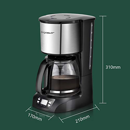 Aigostar Benno 30QUJ - Cafetera de goteo, filtro reutilizable, pantalla LCD, 800W, programador 24 horas, capacidad 1,5 litros, sistema anti-goteo, función mantener caliente. Libre de BPA