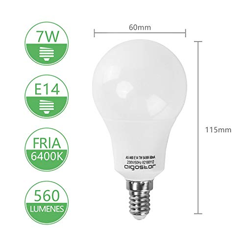 Aigostar - Bombilla LED A5 A60, E14, 7 W equivalente a 60 W, 6400K, 595 lúmenes, no regulable -Pack de 5[Clase de eficiencia energética A+]