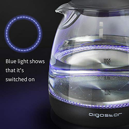 Aigostar Elfin 30IAX - Hervidor de agua eléctrico, vidrio de borosilicato, 2200W, iluminación LED, capacidad 1L, Rápida ebullición. Protección contra la ebullición en seco. Libre de BPA.