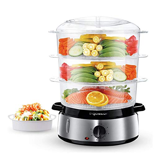 Aigostar Fitfoodie Steel - Vaporera eléctrica 800W, 3 recipientes Independientes (Capacidad Total 9l), Cuenco para Preparar arroz, Libre de BPA, Temporizador 60 Minutos y base en acero inoxidable.