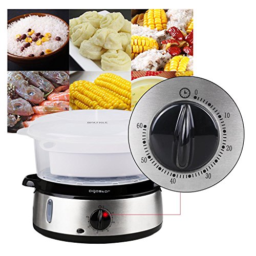 Aigostar Fitfoodie Steel - Vaporera eléctrica 800W, 3 recipientes Independientes (Capacidad Total 9l), Cuenco para Preparar arroz, Libre de BPA, Temporizador 60 Minutos y base en acero inoxidable.