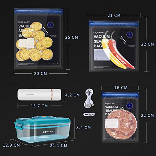 Aigostar Fresh - Pack 3 productos: mini bomba de vacío portátil, bolsas y recipientes para envasar al vacío. Envasador al vacío recargable por USB, conserva la comida durante días.