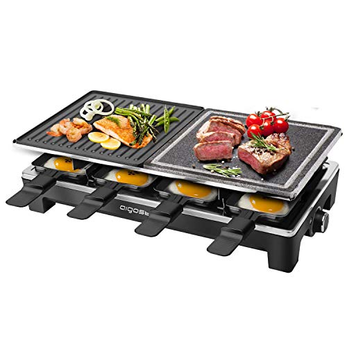 Aigostar Kabul 30REL - Raclette con piedra natural y parrilla grill reversible de acero inoxidable, 1.500W. Incluye 8 mini-sartenes, termostato ajustable, totalmente desmontable.