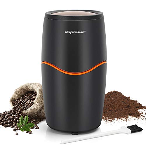 Aigostar Oval 30QOW - Molinillo compacto de café, especias, semillas, granos o frutos secos. 200W, capacidad 70gr. cuchillas de acero inoxidable antidesgaste, cepillo de limpieza. Libre de BPA.