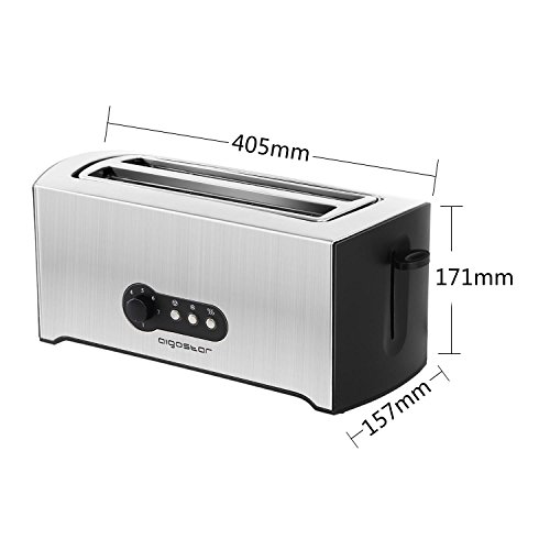 Aigostar Sunshine 30KDG - Tostadoras pan 4 rebanadas con 7 niveles de tostado, 1600 W, ranuras extra largas, Rejilla calientabollos integrada, función descongelación y recalentar, acero inoxidable.