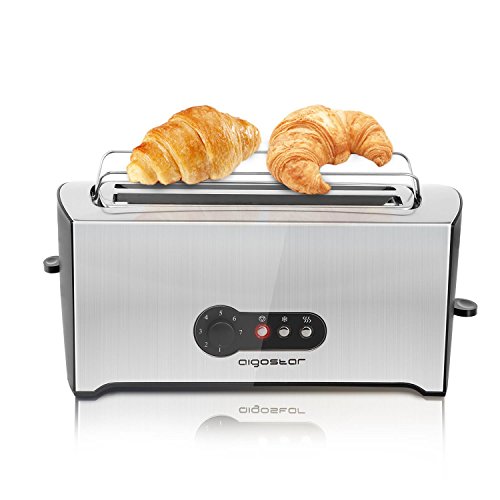 Aigostar Sunshine 30KDG - Tostadoras pan 4 rebanadas con 7 niveles de tostado, 1600 W, ranuras extra largas, Rejilla calientabollos integrada, función descongelación y recalentar, acero inoxidable.