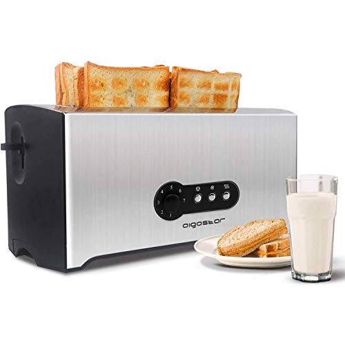 Aigostar Sunshine 30KDG - Tostadoras pan 4 rebanadas con 7 niveles de tostado, 1600 W, ranuras extra largas, Rejilla calientabollos integrada, función descongelación y recalentar, acero inoxidable.