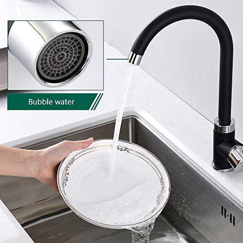 Aihom Grifo de Cocina Negro 360° Giratorio Grifo de Fregadero Cocina Grifo de Latón Monomando Fregadero Agua Fría y Caliente Grifo Moderno y Flexible