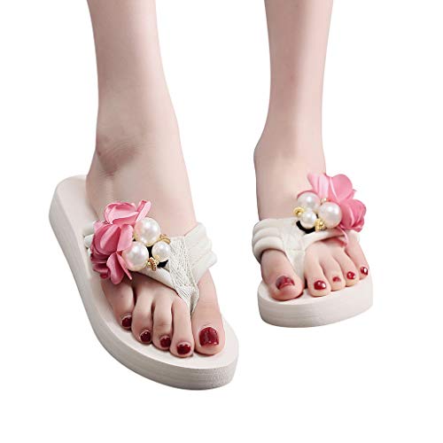 AIni Sandallas Romanas Mujer Planos Sandalias De Punta Abierta Flip-Flop Verano Tela EláStica De Color Beige con CuñAs Espiga Sandalias Esponja Pastel Zapatillas Flores DíA De Miembro Oferta36-41