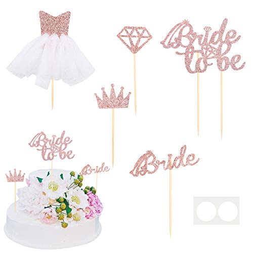 AirSMall 5PCS Decoración para Tarta con Purpurina en Oro Rosa,Decoración para Tarta de Novia/Cupcake Corona/Novia/Vestido de Novia en 3D para Despedida de Soltera,Decoraciones de Compromiso