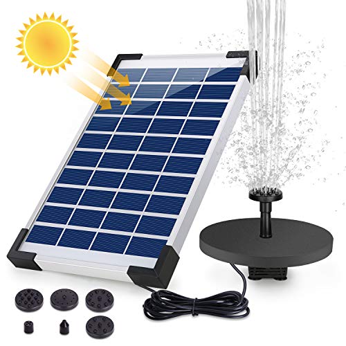 AISITIN Fuente Solar Bomba, 5.5W Fuente de Jardín Solar, Batería Incorporada, Caudal 500 L/H, con 6 Boquillas y Tabla Flotante para Pequeño Estanque, Baño de Aves, Fish Tank y Decoración del Jardín