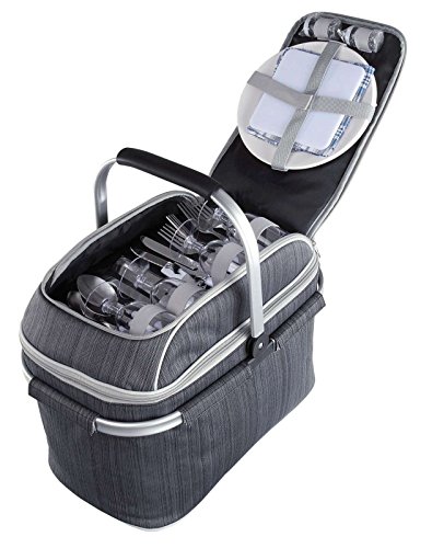 Aislado cesta de picnic con compartimento refrigerador y camping de vajilla y cubertería (Picnic funda, 23 L, – Bolsa isotérmica, mango extraíble, 29 Accesorios)