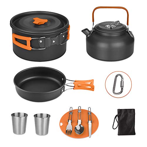 Aitsite Camping Kit de Utensilios de Cocina 11PCS Camping Cookware Outdoor Libre de Aluminio Ligero Camping Pot Pan Set con Bolsa Malla, Tetera, Cuchillo, Tenedor, Cuchara, 2 Tazas y Gancho (Orange)